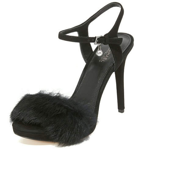 New! MICHAEL KORS Rabbit Fur Black Heels Open-toe - Picture 4 of 7
